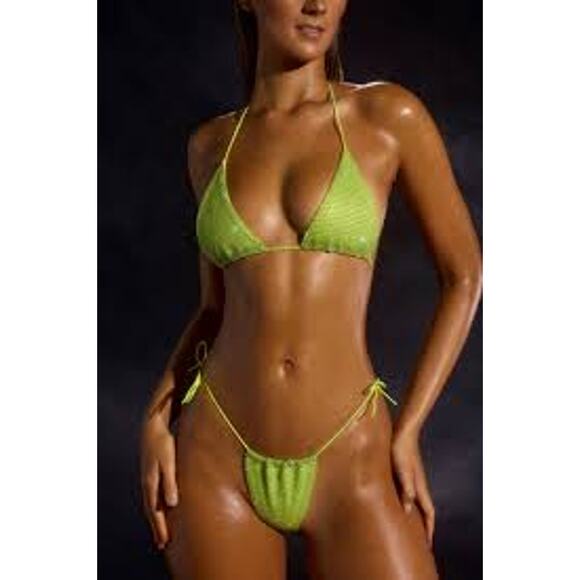 SEXY Diamante Bikini in Lime Green Skimpy Thong Triangle NEON NWT NEW One Size - Picture 1 of 4